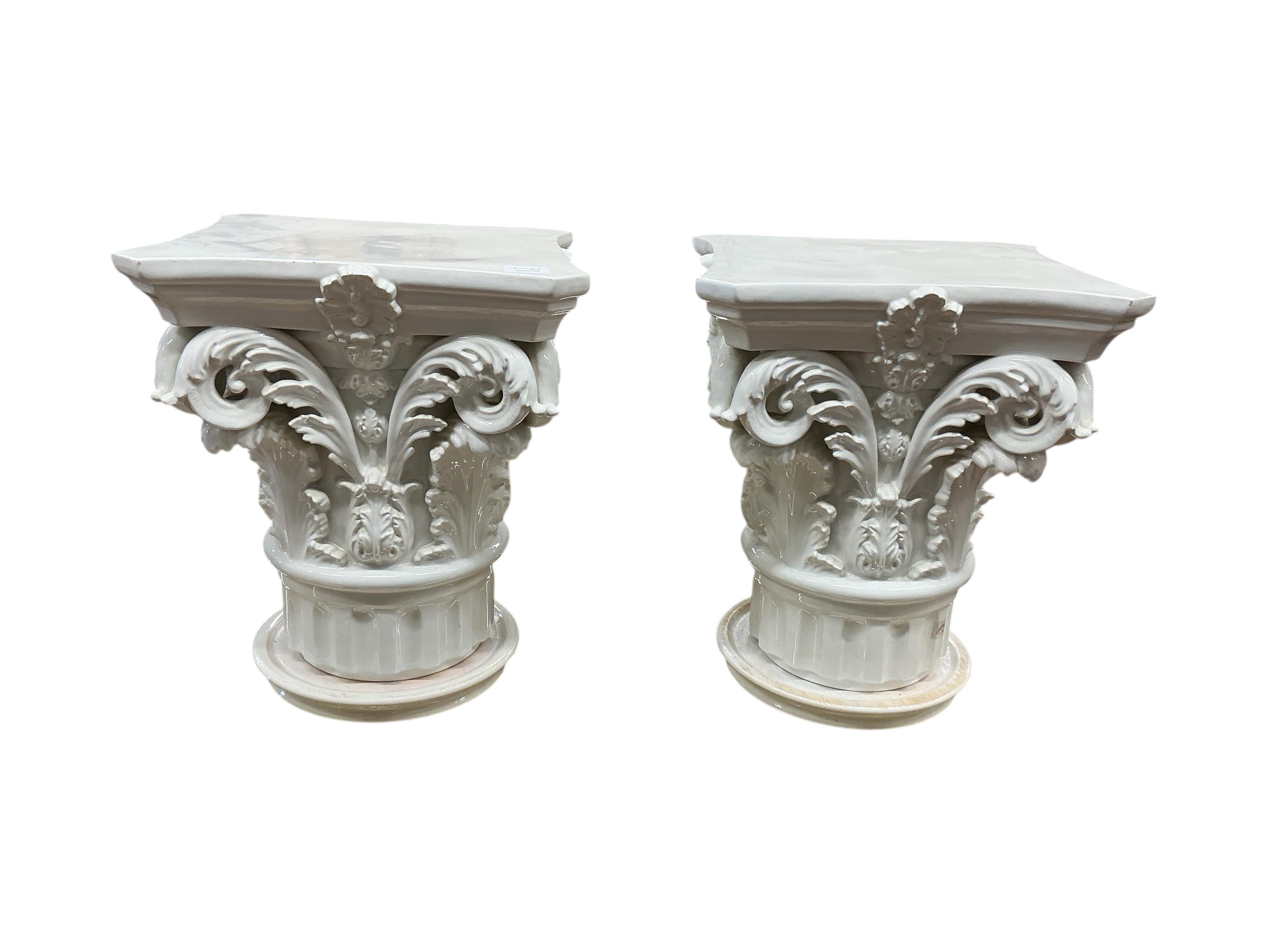 A pair of Italian VBC Ceramica Corinthian column capital pedestals, height 47cm